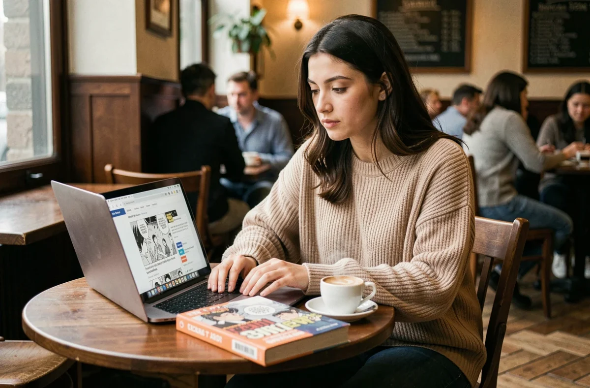 Jeune femme lisant une analyse du chapitre One Piece sur son ordinateur portable dans un café urbain
