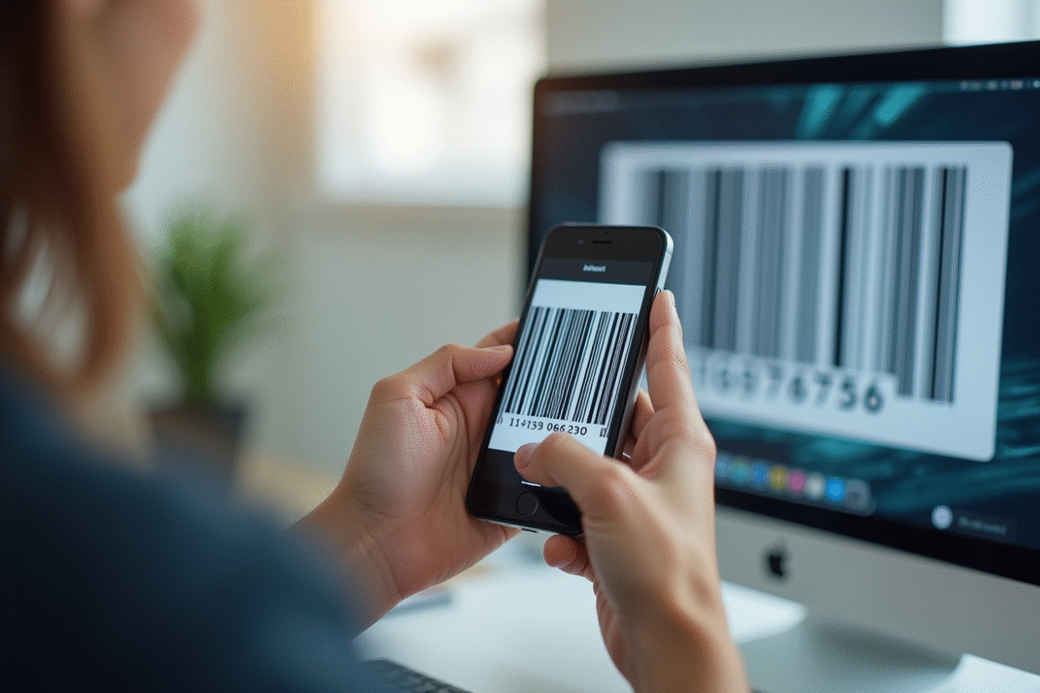 Main utilisant une application de lecture de code barre sur smartphone
