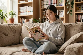 Jeune femme lisant un manga sur un canapé dans un appartement cosy avec une bibliothèque de mangas en arrière-plan