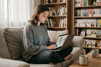 Jeune femme lisant des mangas en ligne sur son ordinateur portable dans un appartement cosy rempli de livres