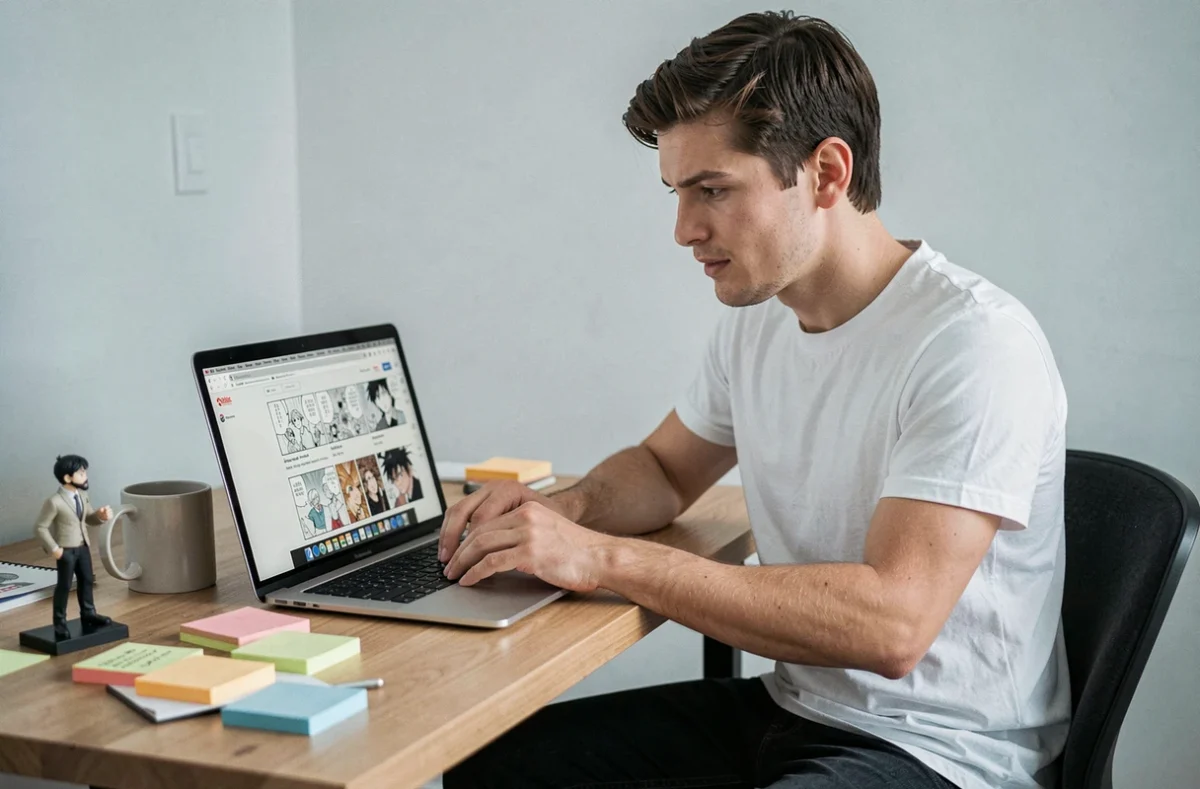Homme lisant des chapitres de manga en ligne sur un ordinateur portable dans un bureau minimaliste à domicile