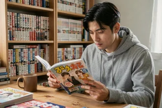 Jeune homme lisant un manga One Punch Man en version française à son bureau avec des étagères de mangas en arrière-plan