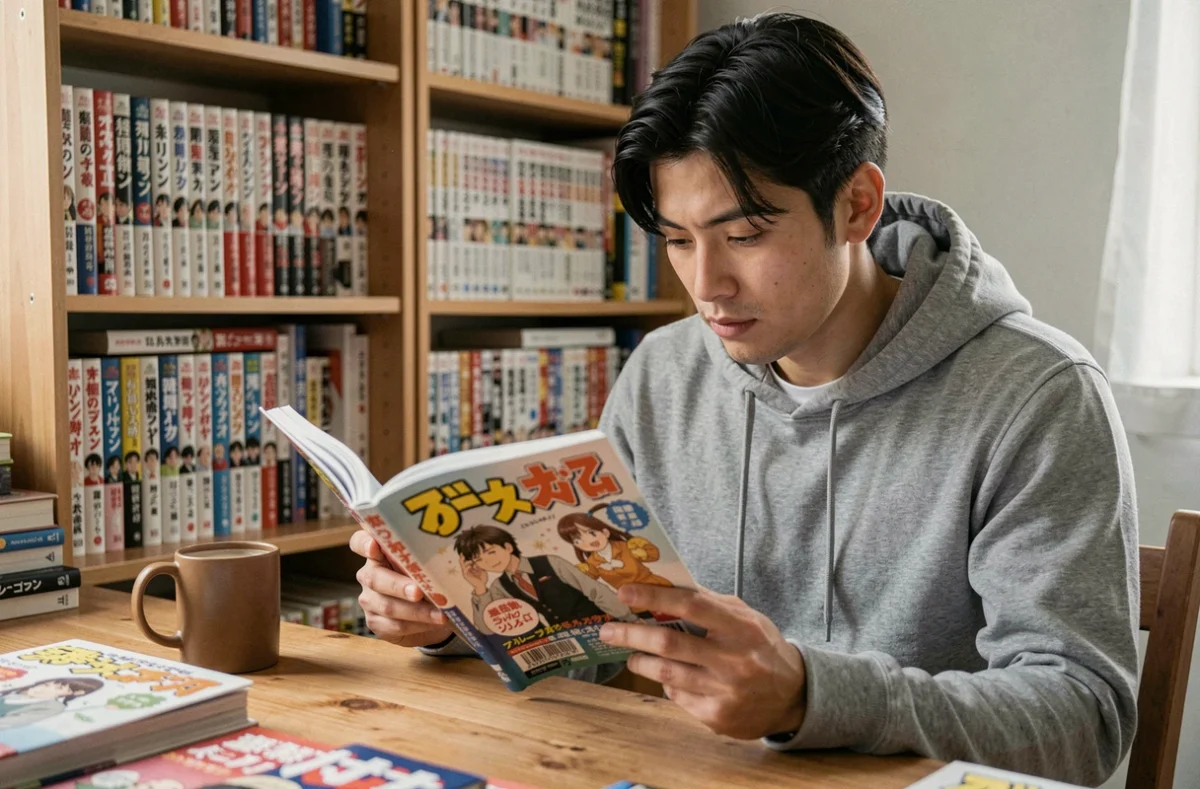 Jeune homme lisant un manga One Punch Man en version française à son bureau avec des étagères de mangas en arrière-plan