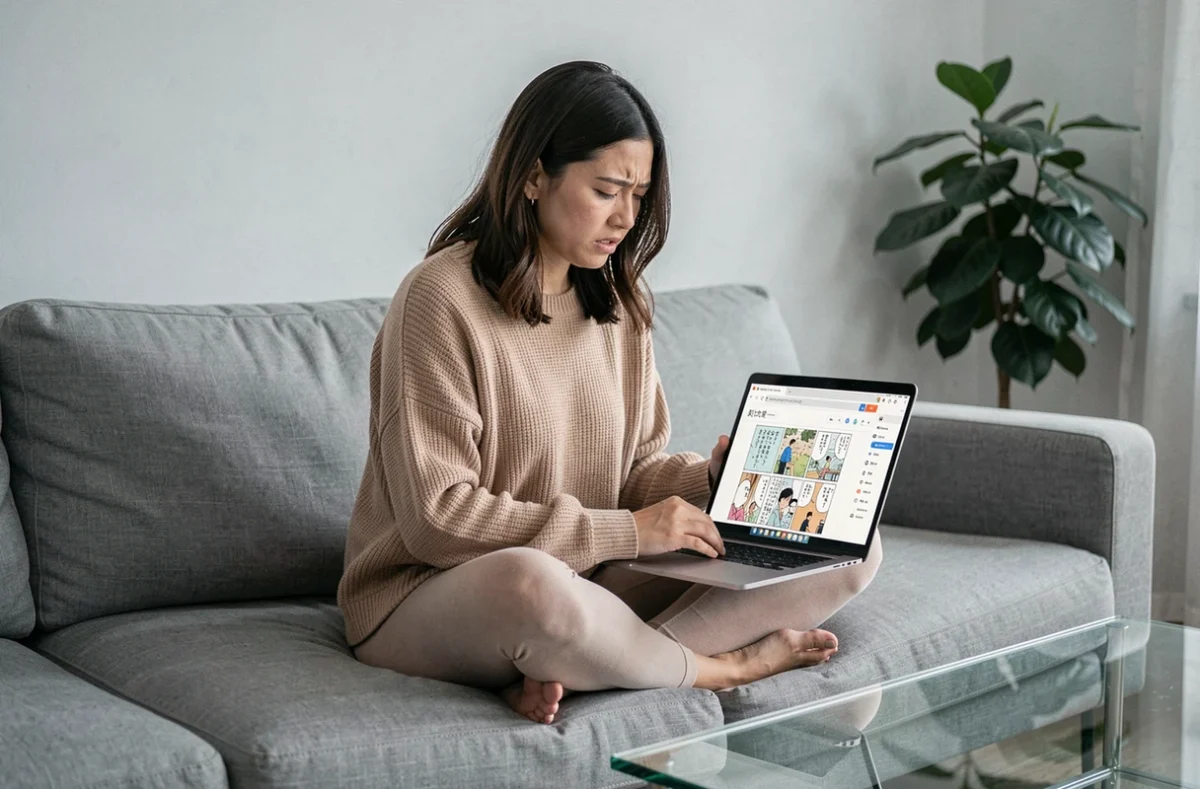 Femme lisant des scans de manga en ligne sur un ordinateur portable dans un salon moderne, illustrant la lecture numérique de manga