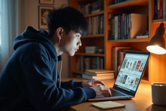 Jeune homme lisant One Piece en scan VOSTFR sur son ordinateur portable dans une chambre avec des étagères de manga