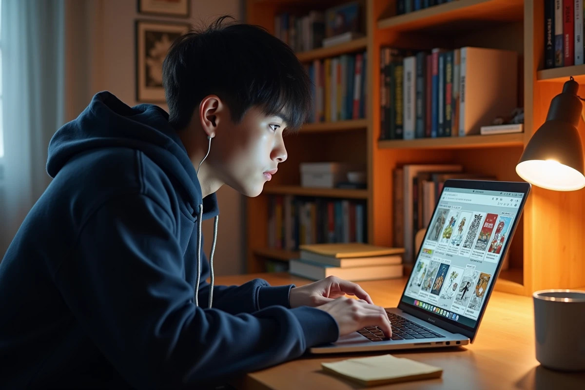Jeune homme lisant One Piece en scan VOSTFR sur son ordinateur portable dans une chambre avec des étagères de manga
