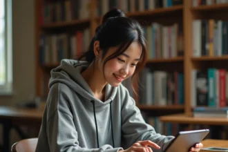 Jeune femme lisant des webtoons sur une tablette dans une bibliothèque manga à domicile