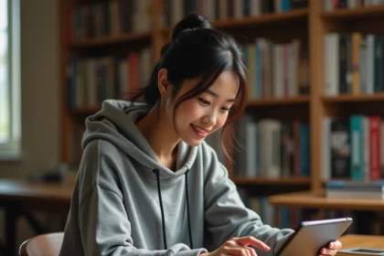 Jeune femme lisant des webtoons sur une tablette dans une bibliothèque manga à domicile