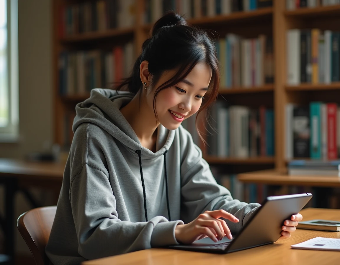 Jeune femme lisant des webtoons sur une tablette dans une bibliothèque manga à domicile