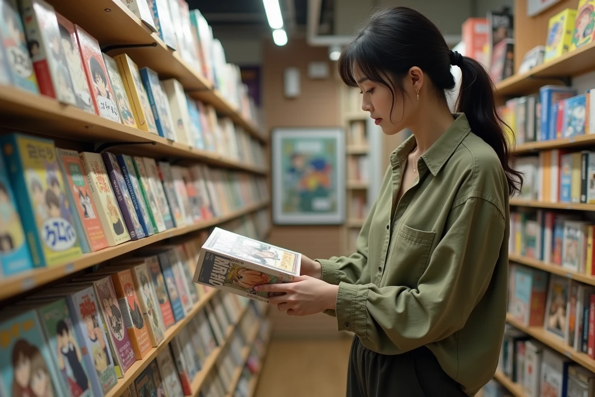 Une femme adulte feuillette le manga Tengoku Daimakyou dans une librairie japonaise spécialisée