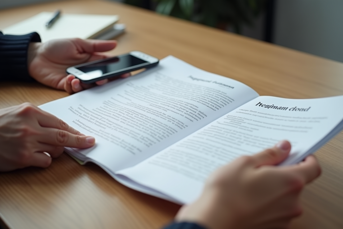 Deux mains tenant des documents et un smartphone sur une table