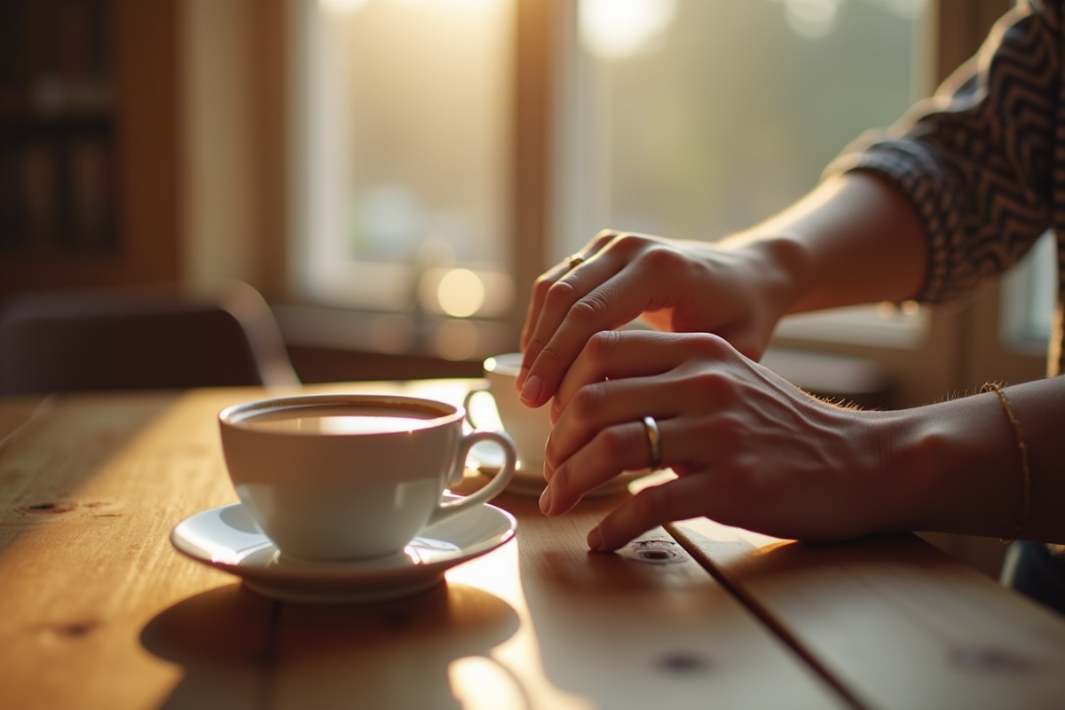 Mains avec alliances sur table en bois au petit déjeuner