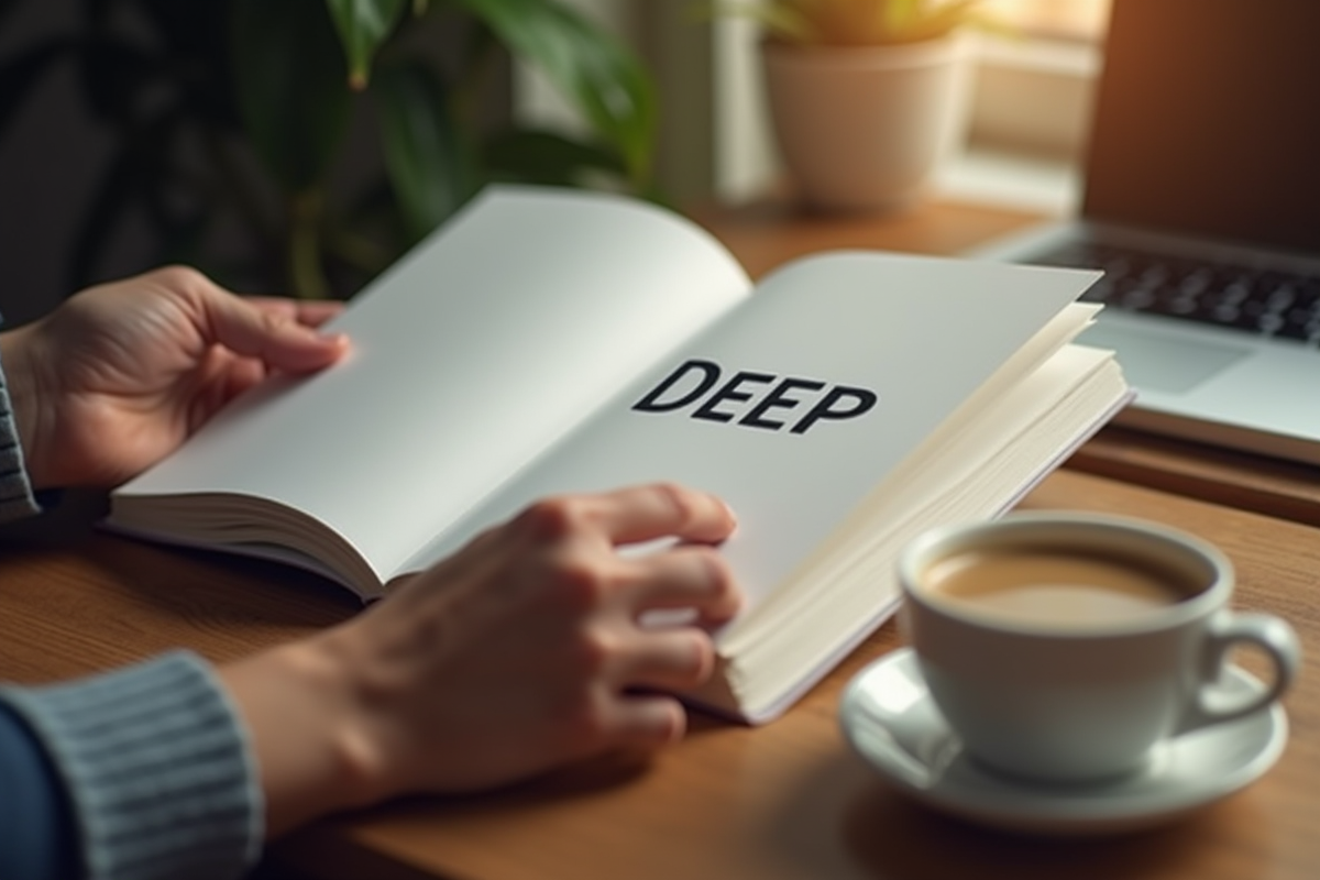 Mains ouvrant un livre intitulé Deep dans un bureau chaleureux