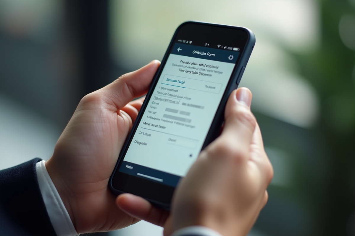 Mains tenant un smartphone affichant un formulaire officiel