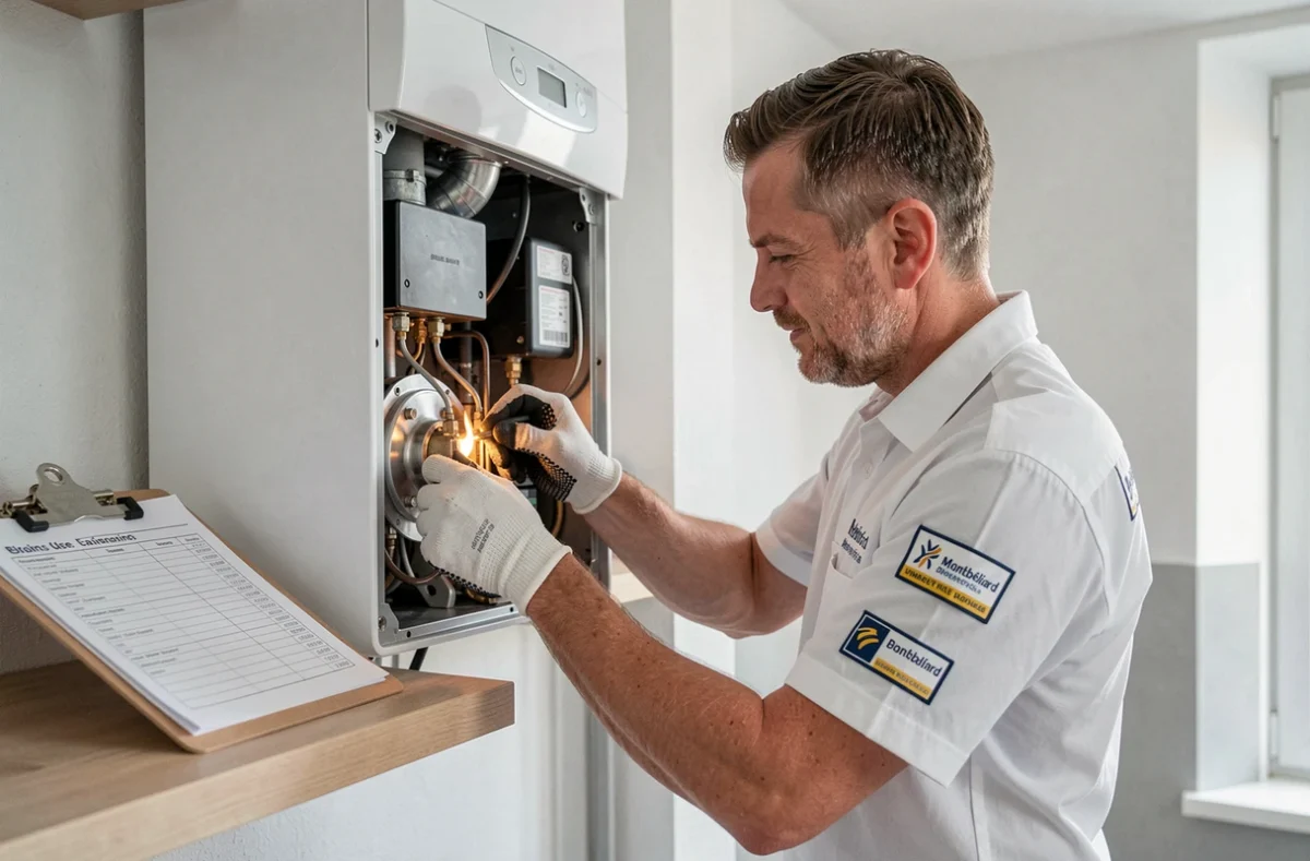 Spécialiste en entretien de Maintenance-chauffage EURL effectuant une révision complète de chaudière murale dans un appartement de Montbéliard