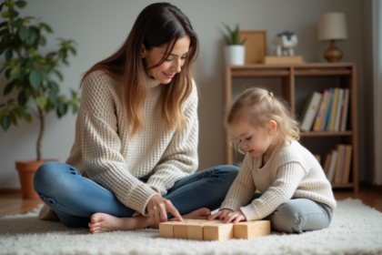 Maman et sa fille jouent avec des blocs en bois dans le salon