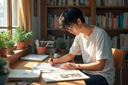 Mangaka japonais dessinant des storyboards pour l'adaptation animée de Tengoku Daimakyou saison 2