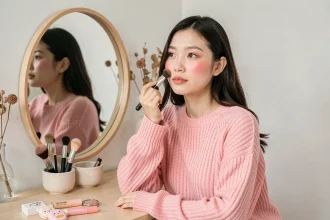 Jeune femme asiatique appliquant un maquillage kawaii discret avec un blush pastel devant un miroir de coiffeuse minimaliste
