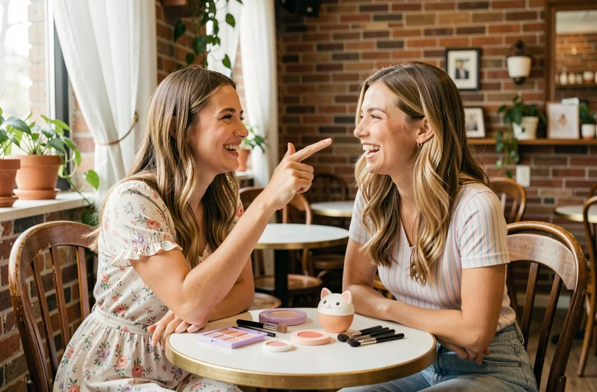 Deux jeunes femmes partageant des conseils de maquillage kawaii discret autour d'une table de café avec des produits de beauté pastel