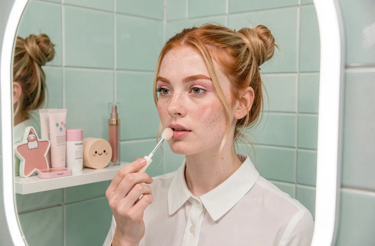 Jeune femme aux nattes appliquant un gloss rose translucide dans une salle de bain aux carreaux menthe dans un style maquillage kawaii