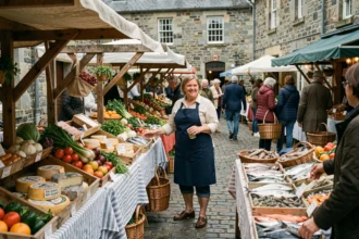 Marché traditionnel breton en plein air avec étals de légumes frais et produits locaux, vendeurs et clients dans une ambiance conviviale