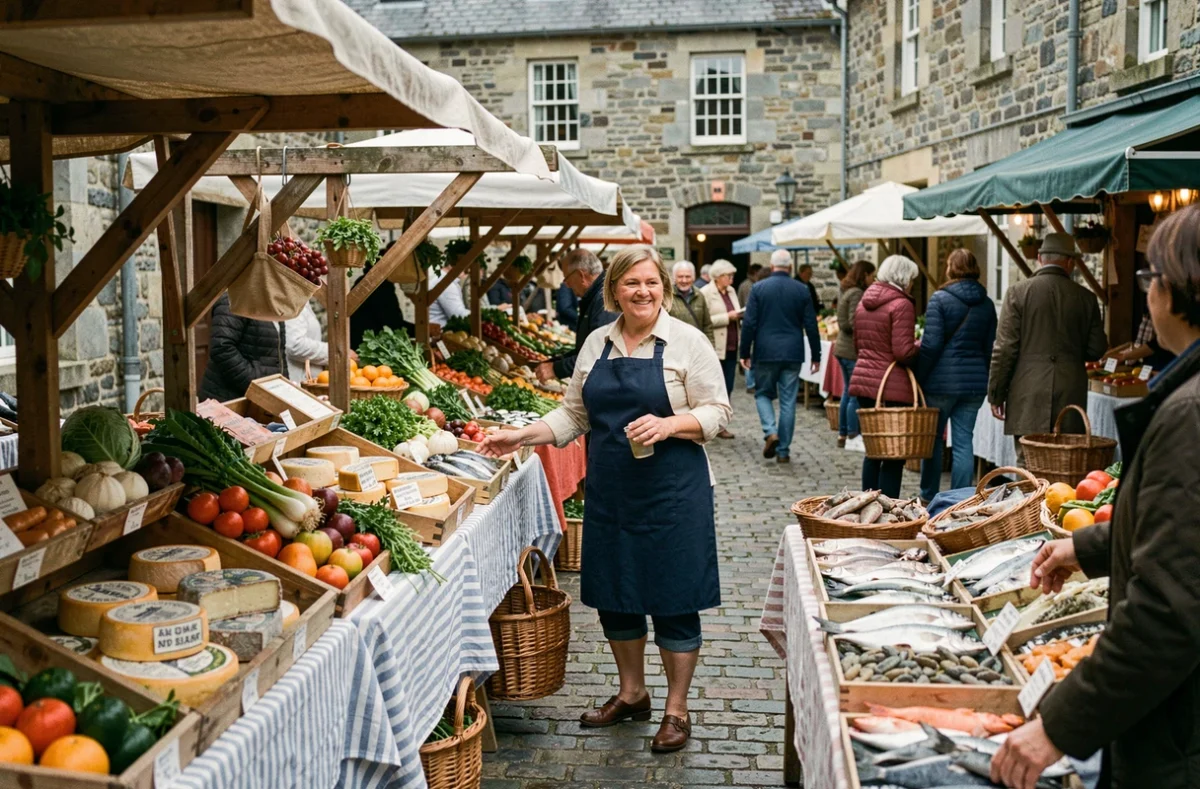 Marché traditionnel breton en plein air avec étals de légumes frais et produits locaux, vendeurs et clients dans une ambiance conviviale
