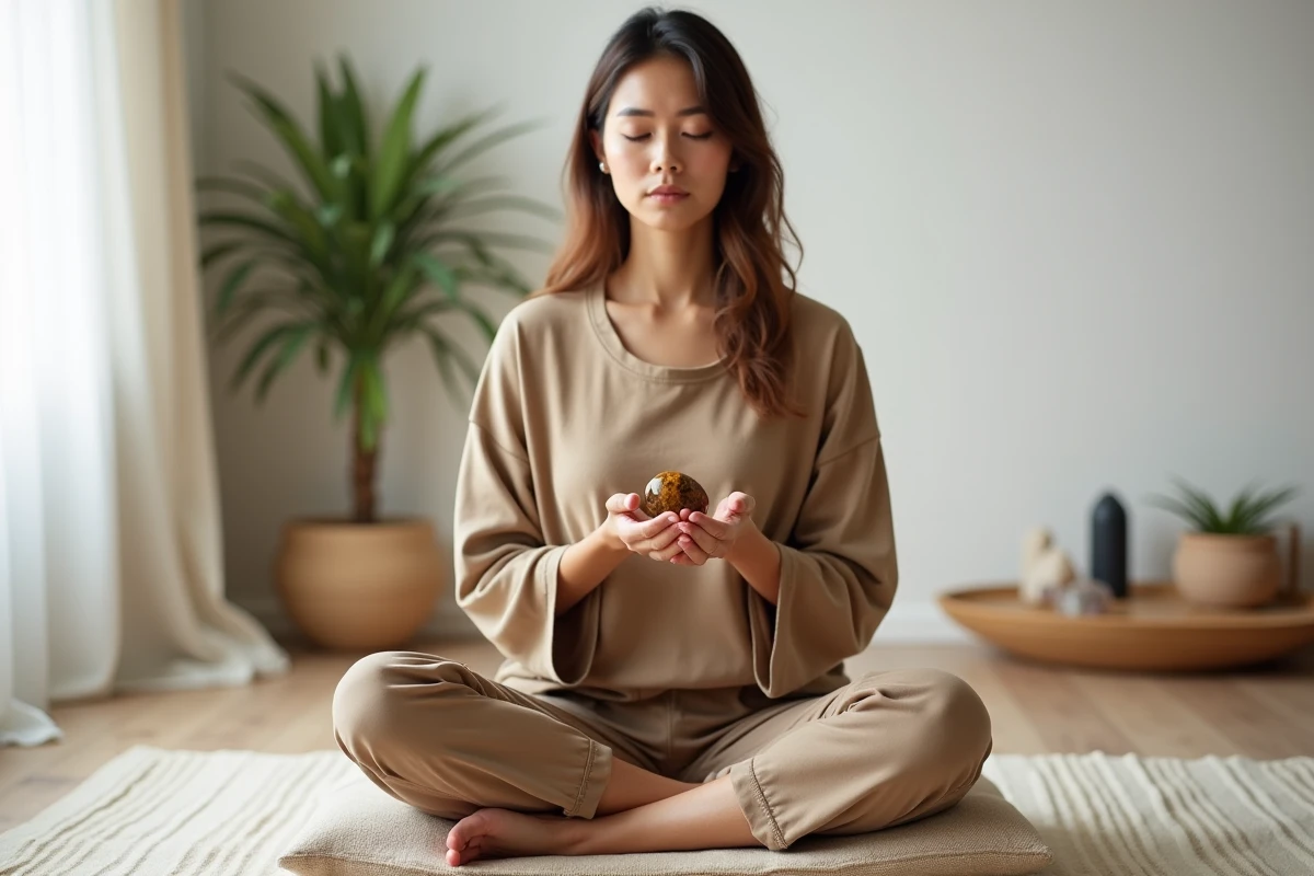 Femme en méditation tenant une pierre oeil du tigre entre ses mains dans un espace de pratique minimaliste, symbolisant l'énergie des chakras