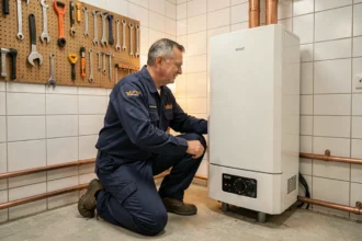 Technicien chauffagiste professionnel en uniforme bleu marine inspectant une chaudière murale moderne dans une chaufferie propre avec des tuyaux en cuivre apparents