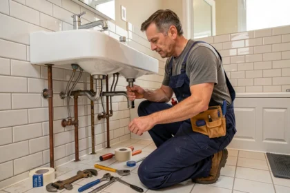 Un plombier professionnel intervenant en urgence sous un évier dans une salle de bain moderne en Auvergne-Rhône-Alpes