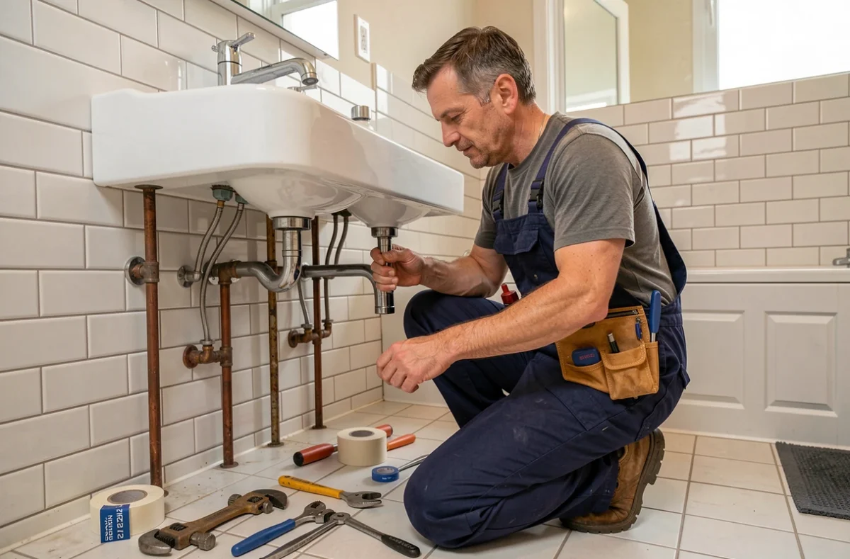 Un plombier professionnel intervenant en urgence sous un évier dans une salle de bain moderne en Auvergne-Rhône-Alpes