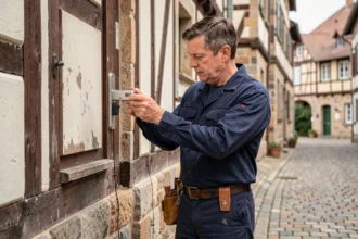 Serrurier professionnel devant une façade alsacienne typique du Haut-Rhin, inspectant un mécanisme de serrure