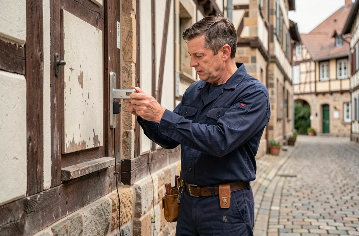 Serrurier professionnel devant une façade alsacienne typique du Haut-Rhin, inspectant un mécanisme de serrure