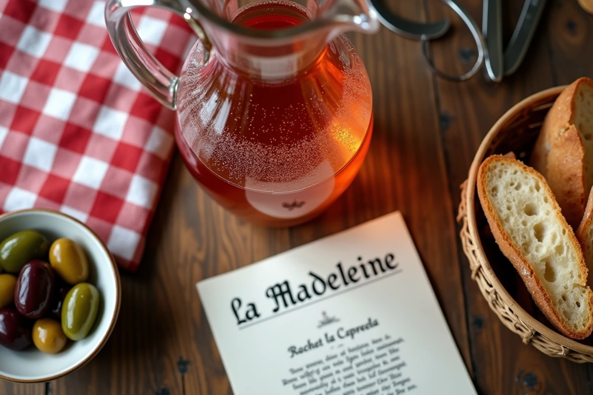 Table de guinguette avec nappe à carreaux, carafe de rosé, olives et menu manuscrit de La Madeleine