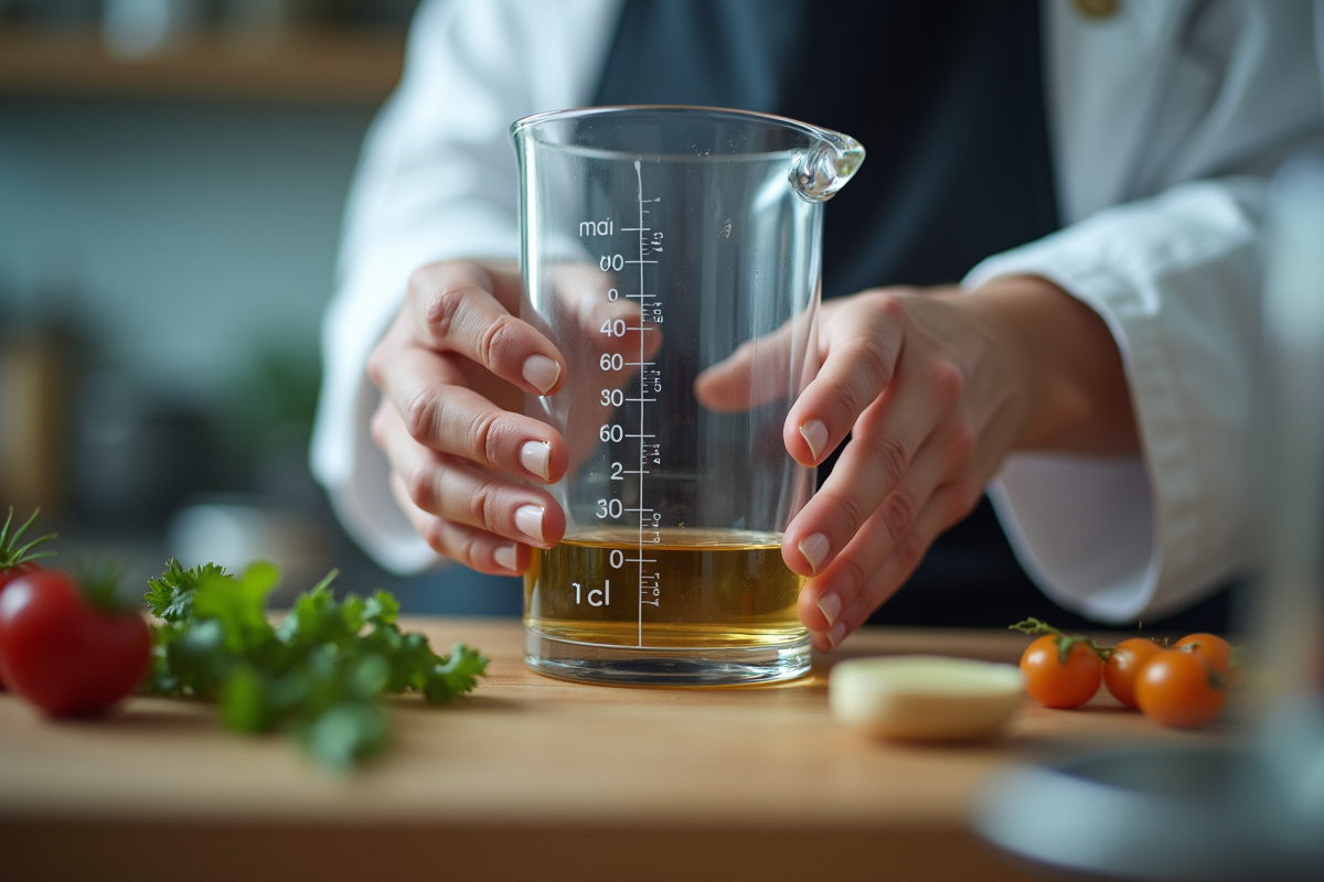Main tenant un verre mesureur avec liquide à 30 cl en cuisine