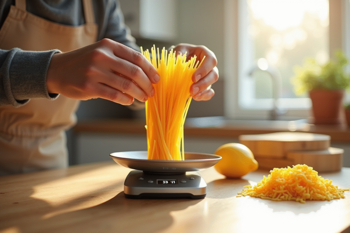 Mains mesurant des pâtes sèches avec une balance de cuisine