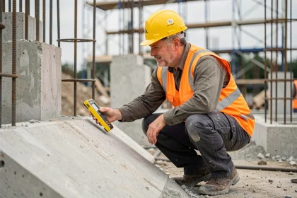 Ingénieur civil mesurant la pente d'une rampe en béton avec un inclinomètre numérique sur un chantier de construction