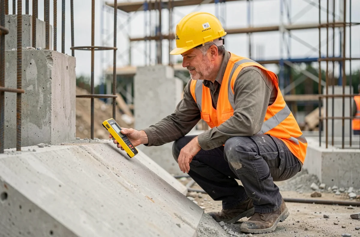 Ingénieur civil mesurant la pente d'une rampe en béton avec un inclinomètre numérique sur un chantier de construction