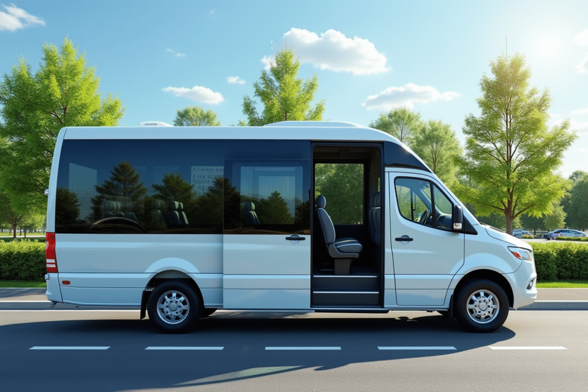 Minibus moderne de 15 places garé ensoleillé avec portes ouvertes