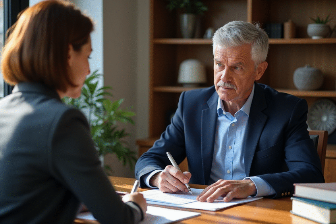 Notaire homme en costume bleu examine des documents
