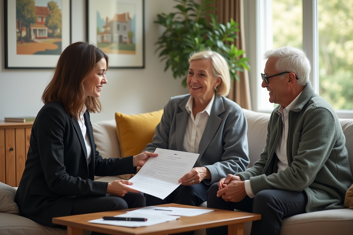 Jeune notaire femme remet des papiers à un couple dans un salon