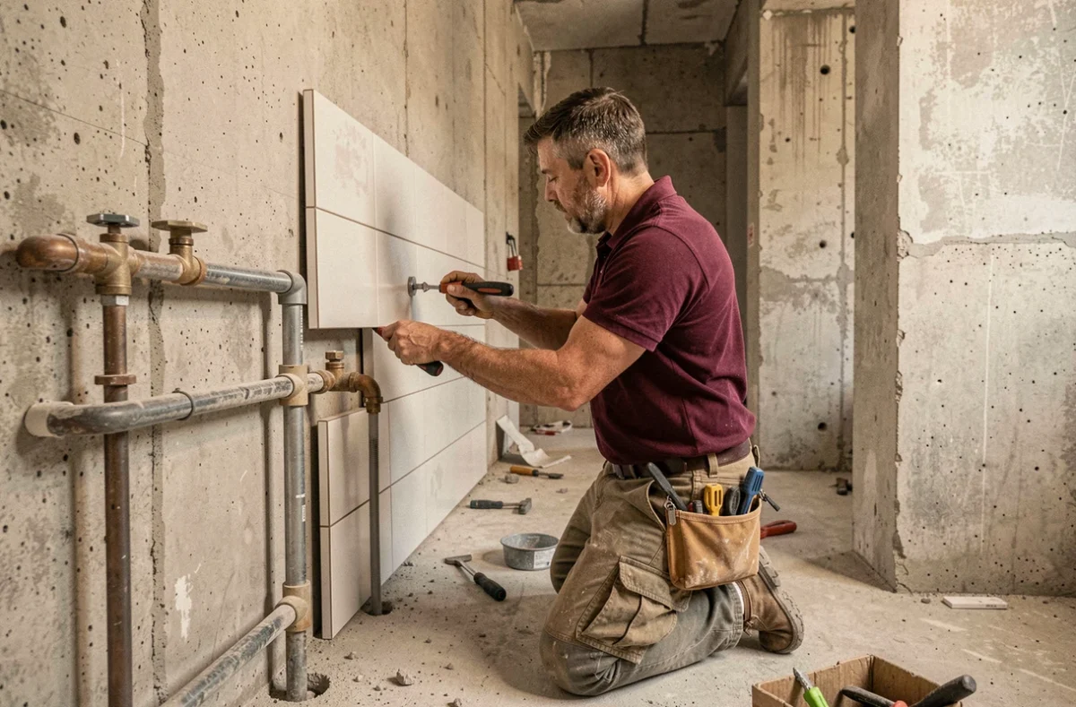 Artisan polyvalent Olivier Renov travaillant sur des travaux combinés de plomberie et rénovation