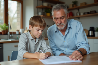 Père et fils examinant des papiers dans la cuisine