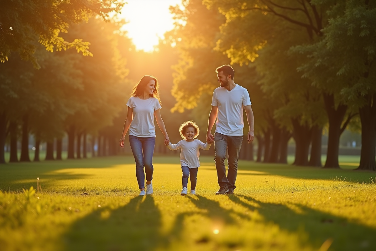 Parents et enfants marchant main dans la main dans un parc
