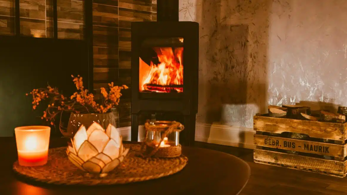 a wood burning stove in a living room