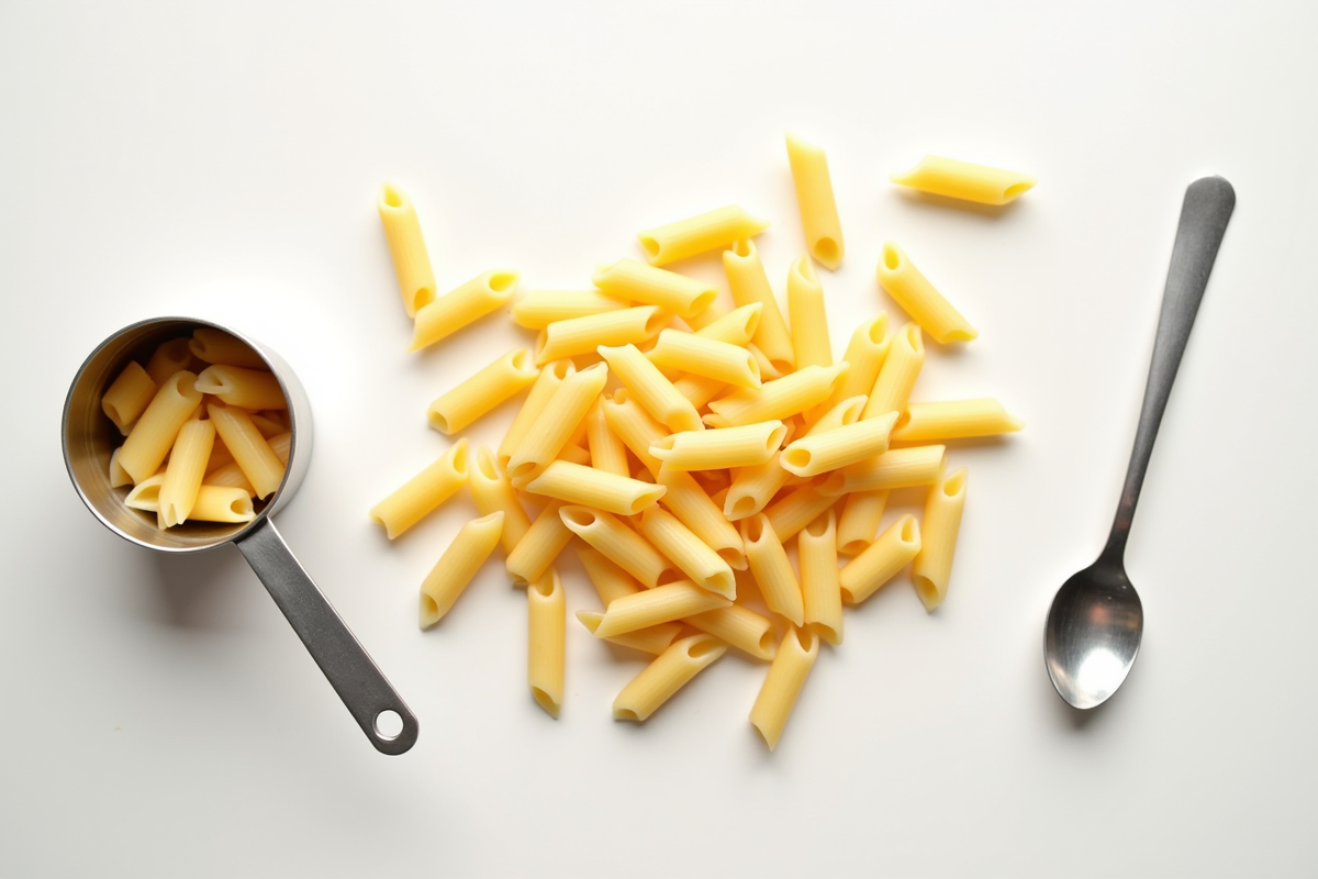 Disposition de penne avec tasse et cuillère sur table blanche