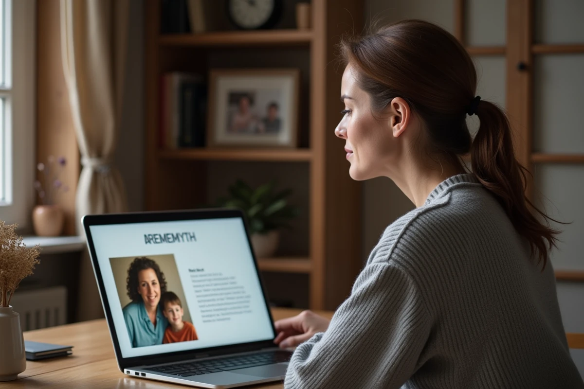 Femme personnalisant une page mémorielle en ligne sur un ordinateur portable dans un bureau chaleureux et intime