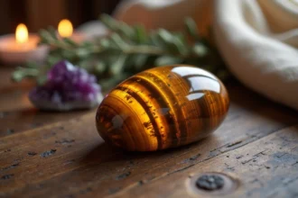 Pierre oeil du tigre polie posée sur une surface en bois avec des herbes séchées et un cristal d'améthyste, révélant son chatoyement doré caractéristique