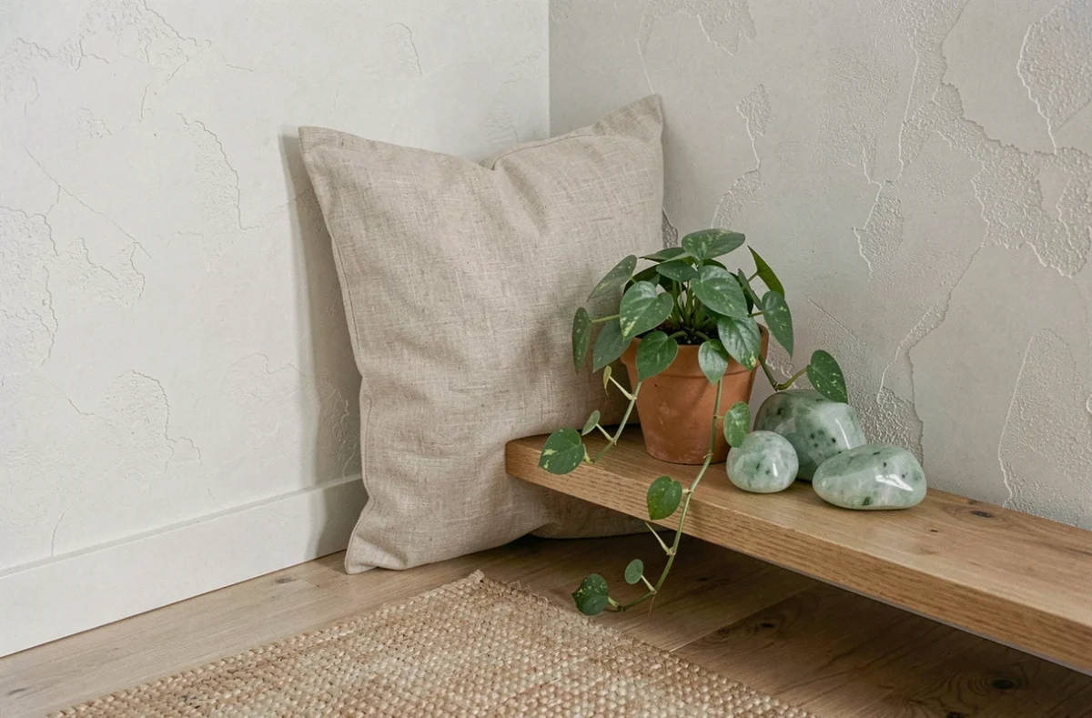 Pierre verte claire et pierres de jade disposées sur une étagère en chêne dans un salon zen minimaliste avec décoration naturelle