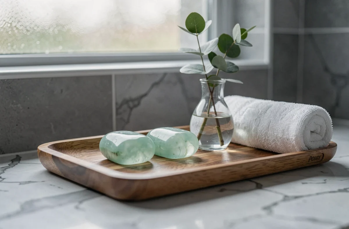 Pierres vertes polies et décoration zen sur un plateau en bois dans une salle de bain minimaliste au style spa naturel