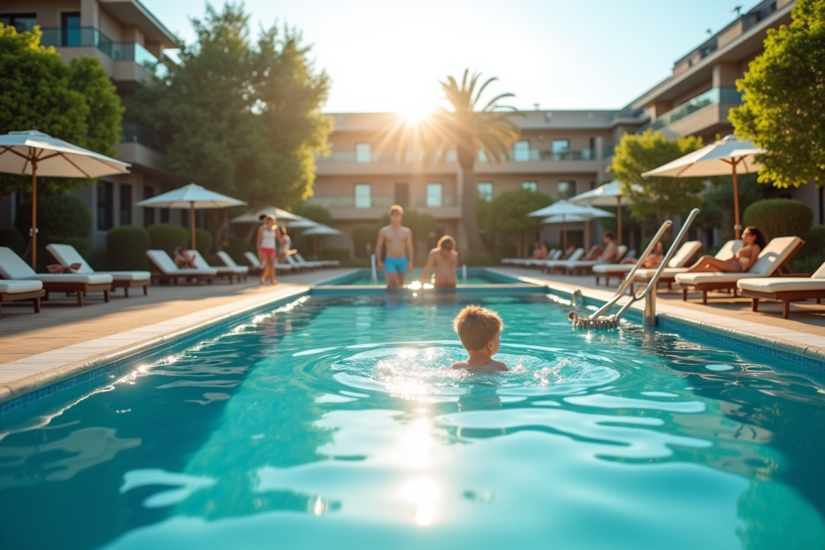 Piscine rafraichissante dans un village de vacances en été